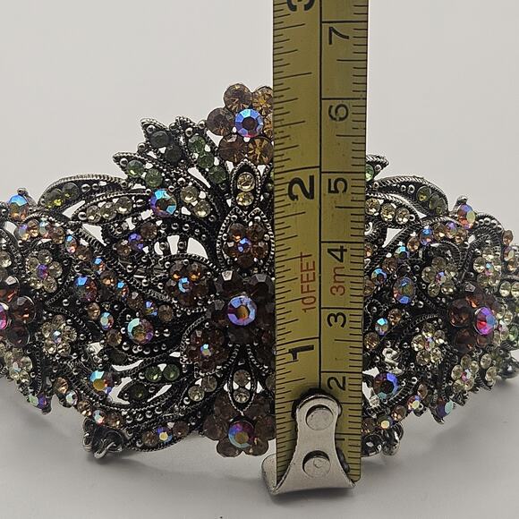 Vtg Metal Hair Barrette Clip Ornate Floral Colorful Rhinestones Artist Signed main image 5